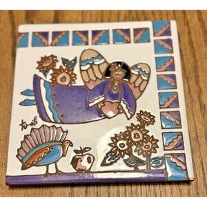 Vintage Tile Trivet Earthtones Southwestern Angel Art  1990 USA Wall Hanging